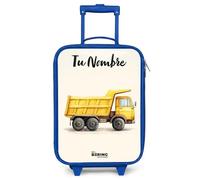 NoBoringSuitcases.com® Maleta Infantil Azul Personalizado con Nombre 48x31x19 cm Maletas De Viaje Cabina Trolley con Ruedas LED Rigida Ultraligero - Niños - Camión volquete - Firmado - Amarillo