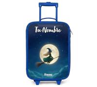 NoBoringSuitcases.com® Maleta Infantil Azul Personalizado con Nombre 48x31x19 cm Maletas De Viaje Cabina Trolley con Ruedas LED Rigida Ultraligero - Niños - Bruja - Luz Luna - Vuelo