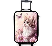 NoBoringSuitcases.com® Maleta Infantil Compacto 48x31x19 cm Maletas De Viaje Cabina Trolley con Ruedas LED Rigida Ultraligero - Niñas - Gato - Violeta - Mariposas - Flores