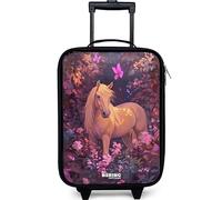 NoBoringSuitcases.com® Maleta Infantil Compacto 48x31x19 cm Maletas De Viaje Cabina Trolley con Ruedas LED Rigida Ultraligero - Niñas - Caballo - Flores - Morado - Mariposa