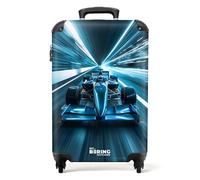 NoBoringSuitcases.com Maleta Infantil con Ruedas para Niños - Equipaje de Mano, Cabina Diseño Coche de Carreras, Color Cian-Azul (55x40x20 cm)