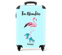 NoBoringSuitcases.com Maleta Infantil de Cabina para Niña con Ruedas - Personalizada, Equipaje de Mano 10kg, Diseño Flamenco en Patines Azul (55x40x20 cm)