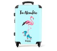 NoBoringSuitcases.com Maleta Infantil, Maleta Infantil Niña, Maleta Mediana 4 Ruedas, Maleta Personalizada, Maletas de Viaje Grandes 23 Kilos (67 cm - 72 L) (Flamenco en Patines - Azul)