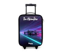 NoBoringSuitcases.com® Maleta Infantil Personalizado con Nombre 48x31x19 cm Maletas De Viaje Cabina Trolley con Ruedas LED Rigida Ultraligero - Niños - Neón - Coche Carreras - Rayas claras