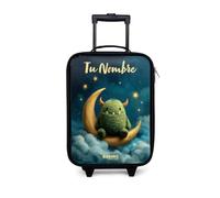 NoBoringSuitcases.com® Maleta Infantil Personalizado con Nombre 48x31x19 cm Maletas De Viaje Cabina Trolley con Ruedas LED Rigida Ultraligero - Niños - Verde - Monstruo - Luna Creciente