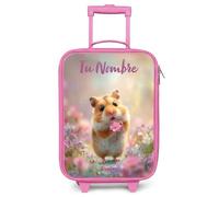 NoBoringSuitcases.com® Maleta Infantil Rosa Personalizado con Nombre 48x31x19 cm Maletas De Viaje Cabina Trolley con Ruedas LED Rigida Ultraligero - Niñas - Hámster - Flor - Naturaleza - Animal