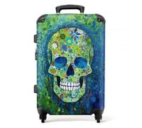 NoBoringSuitcases.com® Maletas de Viaje Medianas 4 Ruedas giratorias de 360, Rigidas, Grandes, Candado Cerradura TSA, Extensible, 20-23 Kilos para facturar, 67 cm-72 L Calavera Flore Verde-Azul