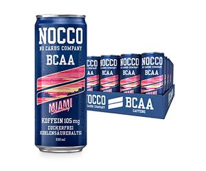 NOCCO BCAA Miami Fresa 24 x 330 ml incluye potencias de proteína de potencia: Bebida sin azúcar No Carbs Company, potenciador de vitaminas y cafeína