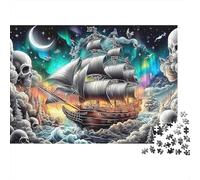 Noche Ciudad Veleros Puzzle 1000 Piezas Adultos Barco Fantasma Calaveras Aurora Premium Grueso Vibrante Desafiante Duro Alivio Estrés Regalo 52x38cm