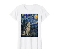 Noche Estrellada del Perro Malamute de Alaska Camiseta gráfica económica, Mujer, Blanco, L