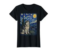 Noche Estrellada del Perro Malamute de Alaska Camiseta gráfica económica, Mujer, Negro, S