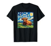 Noche Estrellada Vaca de Las Tierras Altas Pintura Escena Animal Camiseta