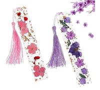 NOCHME Marcapáginas Flores Resina Con Borlas, 2 Marcadores De Libros De Resina Epoxi Seca Con Flores Reales Con Chispas Doradas, Marca Paginas De Lectura De Página
