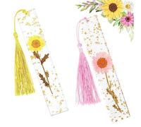 NOCHME Marcapáginas Flores Resina Con Borlas, 2 Marcadores De Libros De Resina Epoxi Seca Con Flores Reales Con Chispas Doradas, Marca Paginas De Lectura De Página