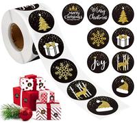 NOCHME Rollo de 500 pegatinas de sellado de Navidad, 8 diseños festivos, etiquetas redondas de 4 cm, diseño de Papá Noel, copo de nieve, árbol, reno, para envolver negro y dorado