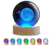 Nocturna de bola de cristal del sistema solar 3D, Esfera luminosa de Cristal K9 3D, Bola espacial de cristal LED para decoración de dormitorio, 6cm de Diámetro, on Base de Madera, USB