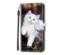 Nodigao Cuero Funda para Xiaomi Poco F7 5G Antigolpes Libro Billetera Magnetica Flip Silicona Dibujos Animal Motivo Carcasa Case Bumper Kawaii Resistente Cover - Gato Blanco