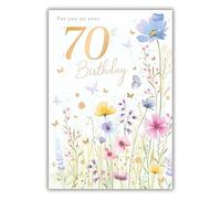 Noel Tatt Tarjeta de 70 cumpleaños para ella, elegante diseño floral y mariposa, tarjeta de feliz 70 cumpleaños para mamá, hermana, amiga o miembro de la familia, acabado de aluminio