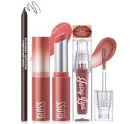 Noerrors Juego de pintalabios líquido mate, bálsamo de labios y delineador de labios, pintalabios hidratante, color marrón castaño y nude para labios secos, combinación de labios trío #03
