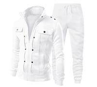 NOFS Conjunto de ropa deportiva ajustada para hombre, con cremallera, manga larga, chaqueta con tachuelas y pantalones con puños, chándal del PSG para deportes, gimnasio, trotar (blanco, XL)