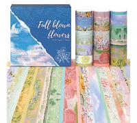 NOGAMOGA Set De Washi Tape De Flores Pintadas Al óleo, 20 Rollos De 0,5/1/1,5/2/2,5cm De AnchoCintas Adhesivas Decorativas Para Diarios, álbumes De recortes, Bullet Journals, Junk Journals (Azul)