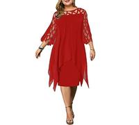 NOGRAX Dresses Midi Party Dress Women XXL O Neck Lace Sleeve Hollow out Solid Women's Clothing Evening Dresses-Red-XL
