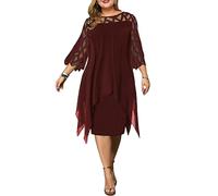 NOGRAX Dresses Midi Party Dress Women XXL O Neck Lace Sleeve Hollow out Solid Women's Clothing Evening Dresses-Claret-XL