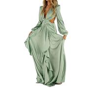 NOGRAX Dresses Woman Dress High Waist V-Neck Women's Dress Pleated Solid Color Ruffled Dress Dresses For Women-Green-S