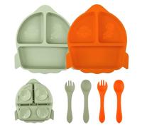 Nohlerlife - Juego de 2 platos con ventosa para bebé, con 2 tenedores, 2 cucharas de silicona, plato compartimentos, juego de alimentación para bebés sin BPA (verde/naranja)