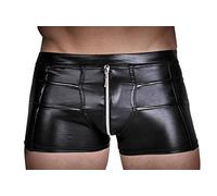 NOIR A MANO, H006-XXL, Hombres - pantalones cortos de cuero sintético con cremallera y costuras decorativas, negro
