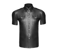 NOIR A MANO Hombres - cuero sintético de PVC mirada camisa de manga corta con botones automáticos y bolsillos en el pecho, negro, tamaño XXL, 1 unidad