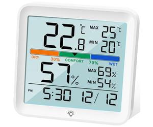 NOKLEAD Higrómetro Termómetro para interiores - Medidor digital de humedad de la habitación Medidor de monitor de temperatura preciso Registros máximos/mínimos, LCD táctil con reloj retroiluminado