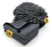 Nokwocy Juego de 3 Piezas Bayeta Microfibra & 2 Piezas Manoplas de Secado Lavado, 600 g/m² Toalla Secado Coche para Secar Sin Arañazos y Pulir, Súper Absorbentes de Agua y Extremdte Suaves, 40x30cm