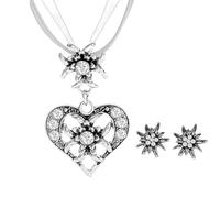 NOLACE 3 Piezas Collar con Corazón y Edelweiss de Fiesta de Cerveza para Mujer Elegante Cadena Diseño de Corazón con Brillantes y Edelweiss Pendientes Edelweiss Conjunto de Joyas de Mujer (Blanco)