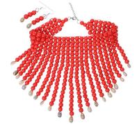 NOLITOY Collar de Cuentas de Madera Rojo para Mujer Conjunto Étnico Pendientes Colgantes Collar Exagerado de Cuentas Naturales Joyería Tribal para Fiesta y Uso Diario