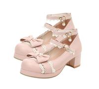 NOLITOY Zapatos de Cuero Lolita para Mujer Tacón Grueso Puntera Redonda con Lazo Diseño Transpirable y Cómodo para Cosplay Vestir y Colegio Talla Rosa