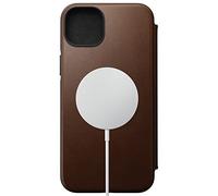 Nomad - Funda tipo libro de piel moderna para iPhone 14 Plus - Funda tipo cartera de piel marrón rústica, 3 ranuras para tarjetero, parachoques protector, Mag Safe y carga inalámbrica