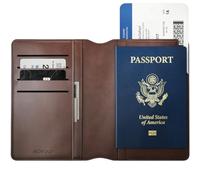 NOMAD Leather Passport Wallet | Cartera de viaje de piel auténtica para guardar dinero, tarjetas bancarias y pasaporte | pestaña de acceso para tarjetas de embarcación | marrón, marrón, 144 x 105 x