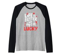 Nombre del Gato Lucky Life Is Better with My Cat Lucky Camiseta Manga Raglan