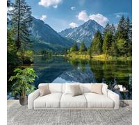 Non autoadesivo Carta da Parati Fotografica 300x210 cm Montagne E Laghi Maestosi Facile Installazione Decorazione Parete Grande Fotomurali Verde HD Resistente UV Rimovibile Murale