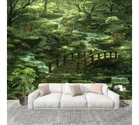 Non autoadesivo Carta da Parati Fotografica 350x256cm Ponte Di Legno Nella Junglea E Acqua Che Scorre Facile Installazione Decorazione Parete Grande Fotomurali Verde HD Resistente UV Rimovibile Murale