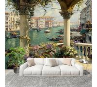 Non autoadesivo Carta da Parati Fotografica 400x280 cm Barca Cittadina In Stile Europeo Facile Installazione Decorazione Parete Grande Fotomurali Verde HD Resistente UV Rimovibile Murale