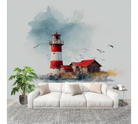 Non autoadesivo Carta da Parati Fotografica 400x280 cm Faro Della Costa Ad Acquerello Facile Installazione Decorazione Parete Grande Fotomurali Grigio HD Resistente UV Rimovibile Murale