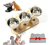 Non-Slip Elevated Pet Feeder with 3 Bowls, Adjustable Heights Cat Food and Water Bowl, Anti-Slip Elevated 3-Bowl Pet Feeder, Wooden Raised Dog Bowles Feeders with Stainless Steel Bowls (Wood)