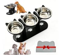 Non-Slip Elevated Pet Feeder with 3 Bowls, Adjustable Heights Cat Food and Water Bowl, Anti-Slip Elevated 3-Bowl Pet Feeder, Wooden Raised Dog Bowles Feeders with Stainless Steel Bowls (Black)