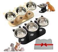 Non-Slip Elevated Pet Feeder with 3 Bowls, Adjustable Heights Cat Food and Water Bowl, Anti-Slip Elevated 3-Bowl Pet Feeder, Wooden Raised Dog Bowles Feeders with Stainless Steel Bowls (A-1)