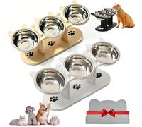 Non-Slip Elevated Pet Feeder with 3 Bowls, Adjustable Heights Cat Food and Water Bowl, Anti-Slip Elevated 3-Bowl Pet Feeder, Wooden Raised Dog Bowles Feeders with Stainless Steel Bowls (B-1)