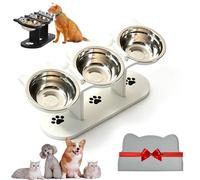 Non-Slip Elevated Pet Feeder with 3 Bowls, Adjustable Heights Cat Food and Water Bowl, Anti-Slip Elevated 3-Bowl Pet Feeder, Wooden Raised Dog Bowles Feeders with Stainless Steel Bowls (White)