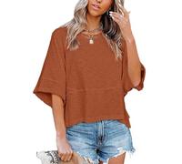 Non-Slit Patched Solid Color Bell Sleeve T-Shirt Women's Summer Casual Crewneck Batwing Half Sleeve T-Shirts (#5,L)