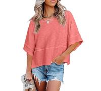 Non-Slit Patched Solid Color Bell Sleeve T-Shirt Women's Summer Casual Crewneck Batwing Half Sleeve T-Shirts (#10,L)